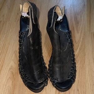 Very Volatile Dark Leather Wedges with Braided Detail